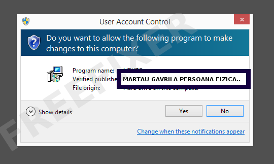 Screenshot where MARTAU GAVRILA PERSOANA FIZICA AUTORIZATA appears as the verified publisher in the UAC dialog